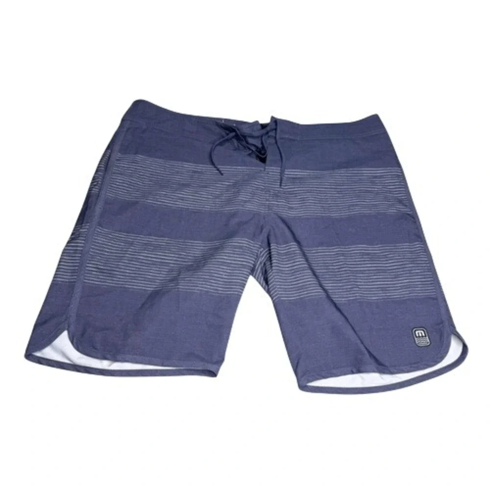 Travis Mathew Men's Check Mate Striped Stretch Swim Board Shorts Navy Blue Sz 38